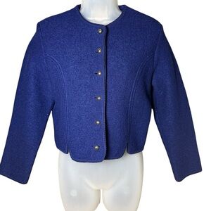 Tally Ho 100% Wool Jacket 10 Royal Blue Scandi Alpine Old Money 90s Cropped Chic